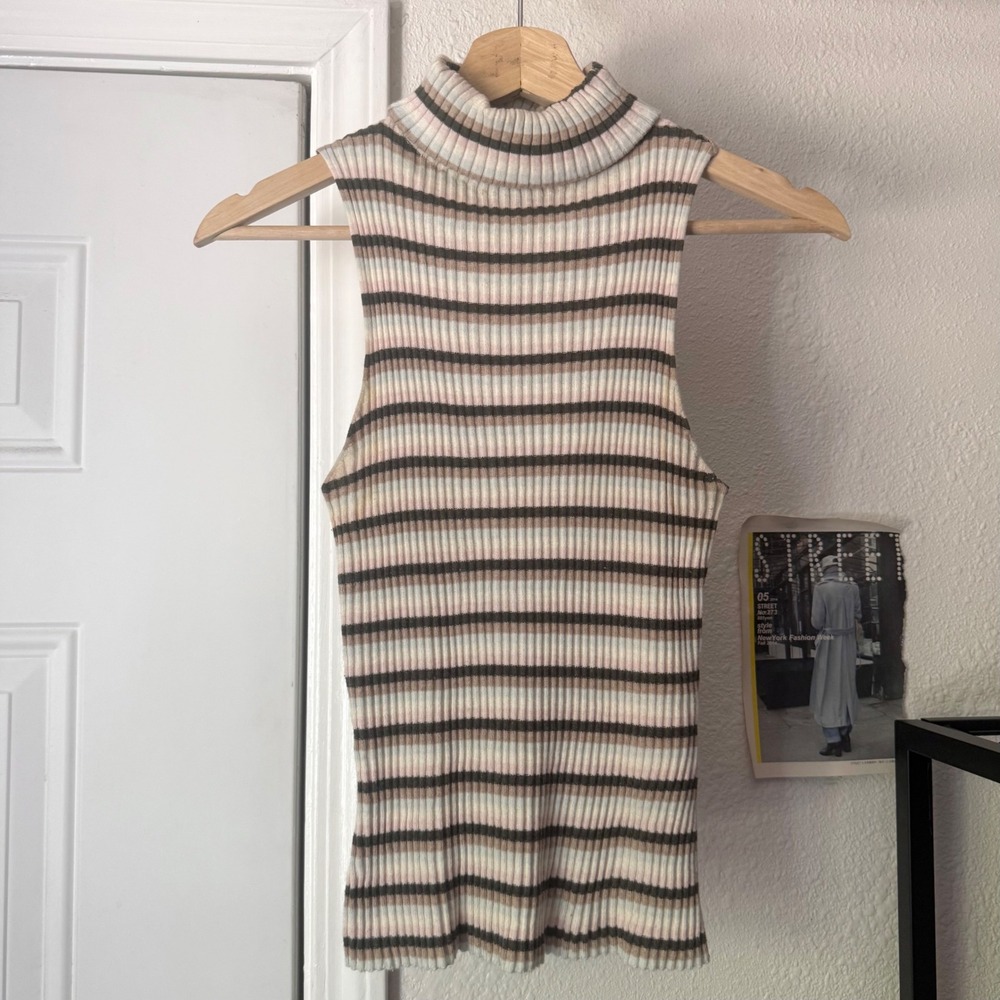 NAADAM multicolor striped turtleneck cotton cashmere rib ribbed cropped tank top